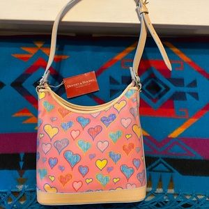 Authentic NWT Dooney and Bourke hobo bag with hearts, leather, pink and multi.